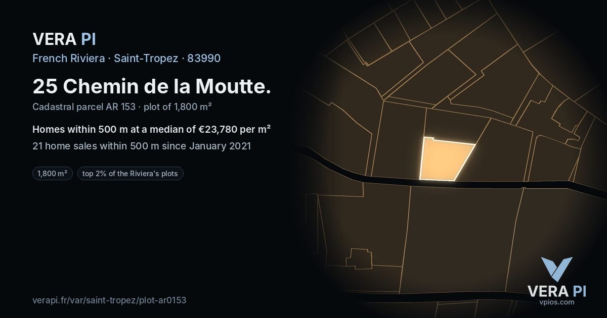 25 Chemin de la Moutte, Saint-Tropez at night – the plot lit, the parcels around coloured by the prices near them