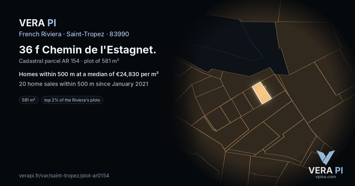 36 f Chemin de l'Estagnet, Saint-Tropez at night – the plot lit, the parcels around coloured by the prices near them