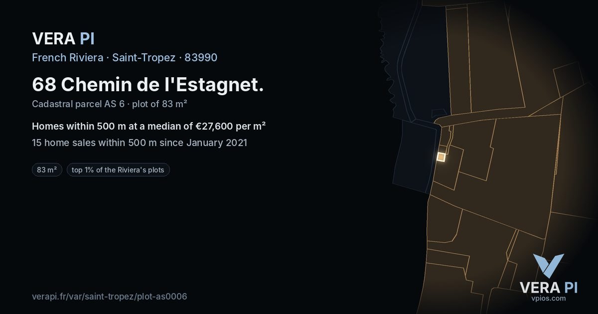 68 Chemin de l'Estagnet, Saint-Tropez at night – the plot lit, the parcels around coloured by the prices near them