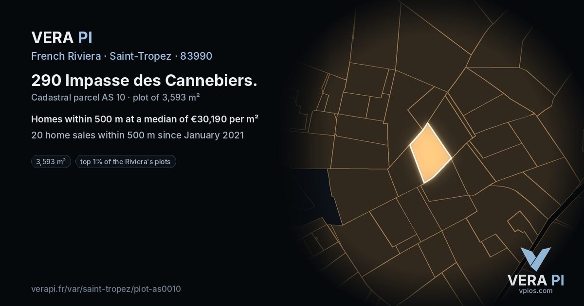 290 Impasse des Cannebiers, Saint-Tropez at night – the plot lit, the parcels around coloured by the prices near them