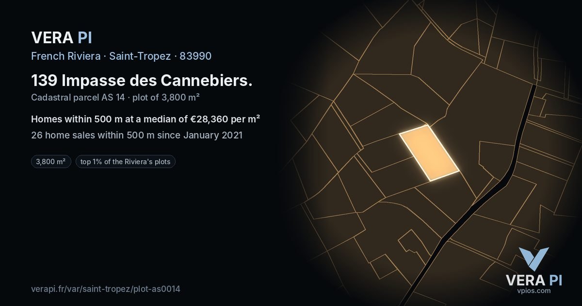 139 Impasse des Cannebiers, Saint-Tropez at night – the plot lit, the parcels around coloured by the prices near them