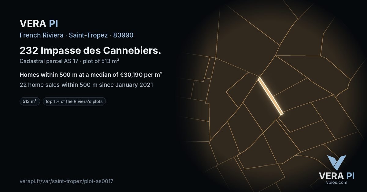 232 Impasse des Cannebiers, Saint-Tropez at night – the plot lit, the parcels around coloured by the prices near them