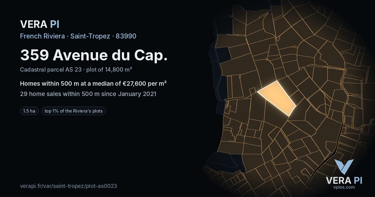 359 Avenue du Cap, Saint-Tropez at night – the plot lit, the parcels around coloured by the prices near them