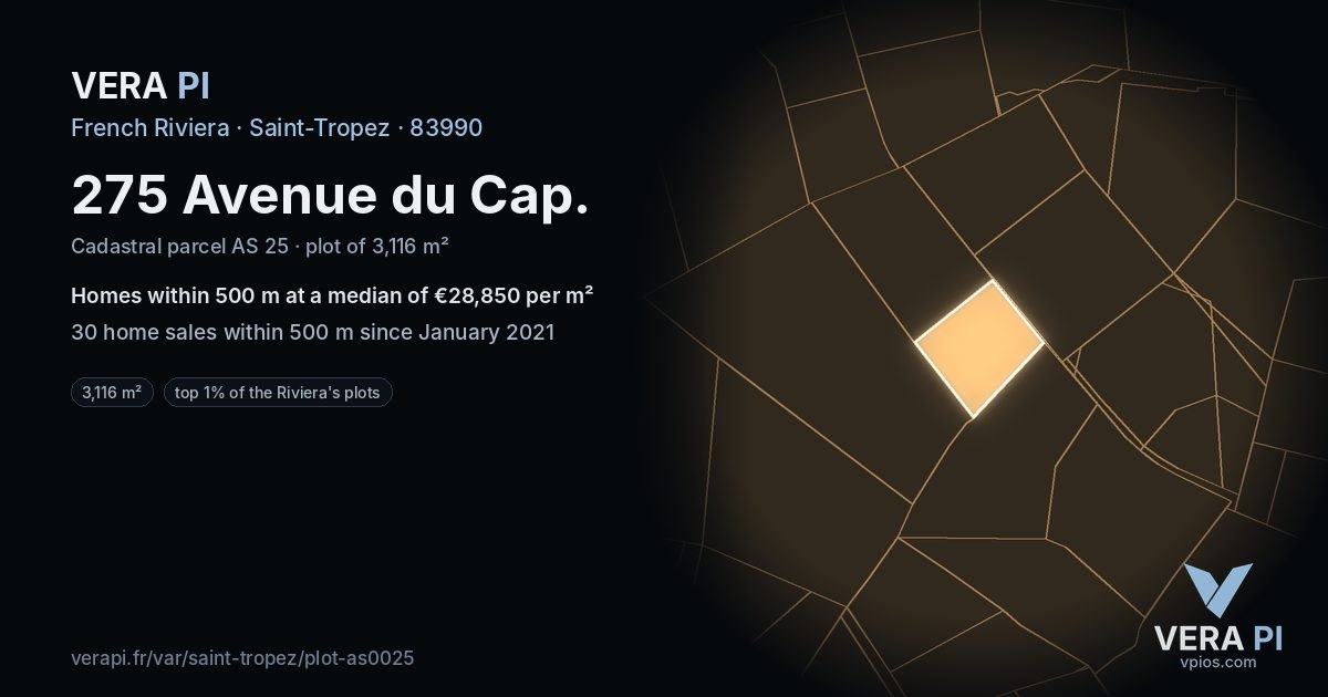 275 Avenue du Cap, Saint-Tropez at night – the plot lit, the parcels around coloured by the prices near them