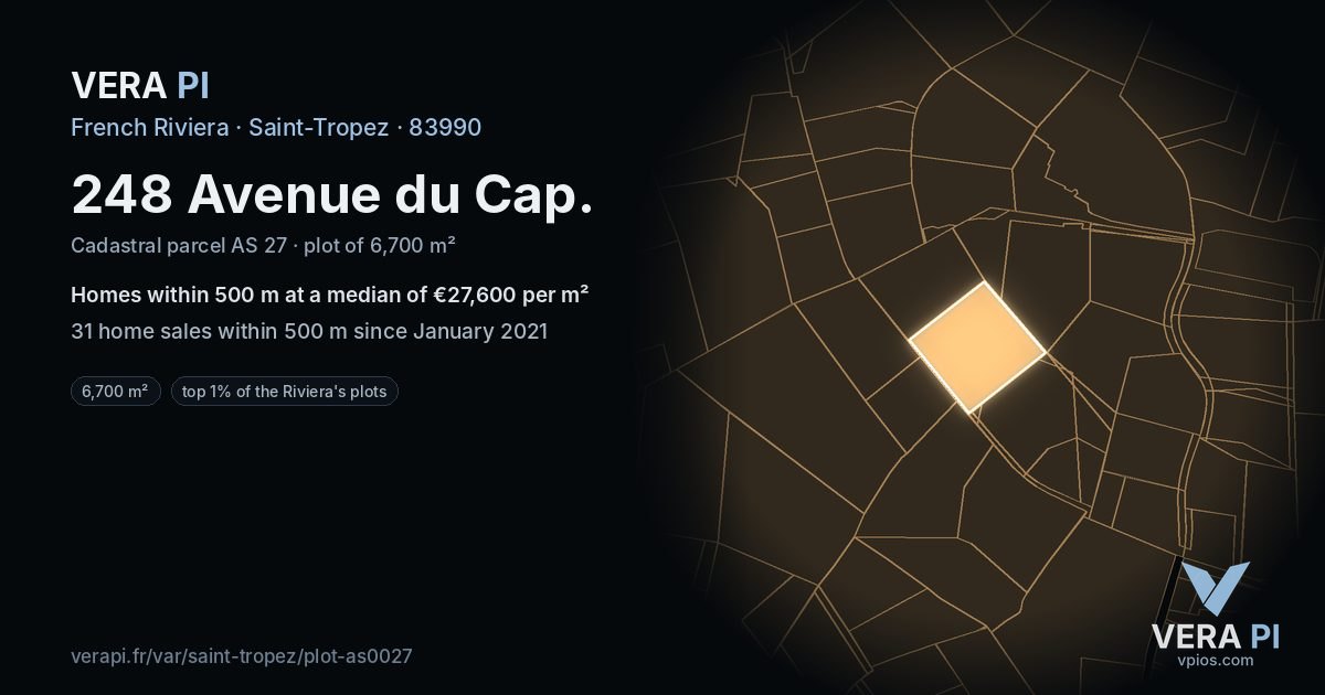248 Avenue du Cap, Saint-Tropez at night – the plot lit, the parcels around coloured by the prices near them