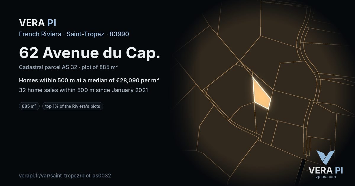62 Avenue du Cap, Saint-Tropez at night – the plot lit, the parcels around coloured by the prices near them