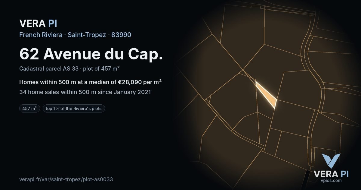62 Avenue du Cap, Saint-Tropez at night – the plot lit, the parcels around coloured by the prices near them