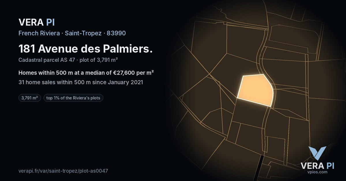 181 Avenue des Palmiers, Saint-Tropez at night – the plot lit, the parcels around coloured by the prices near them