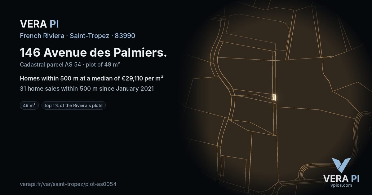 146 Avenue des Palmiers, Saint-Tropez at night – the plot lit, the parcels around coloured by the prices near them