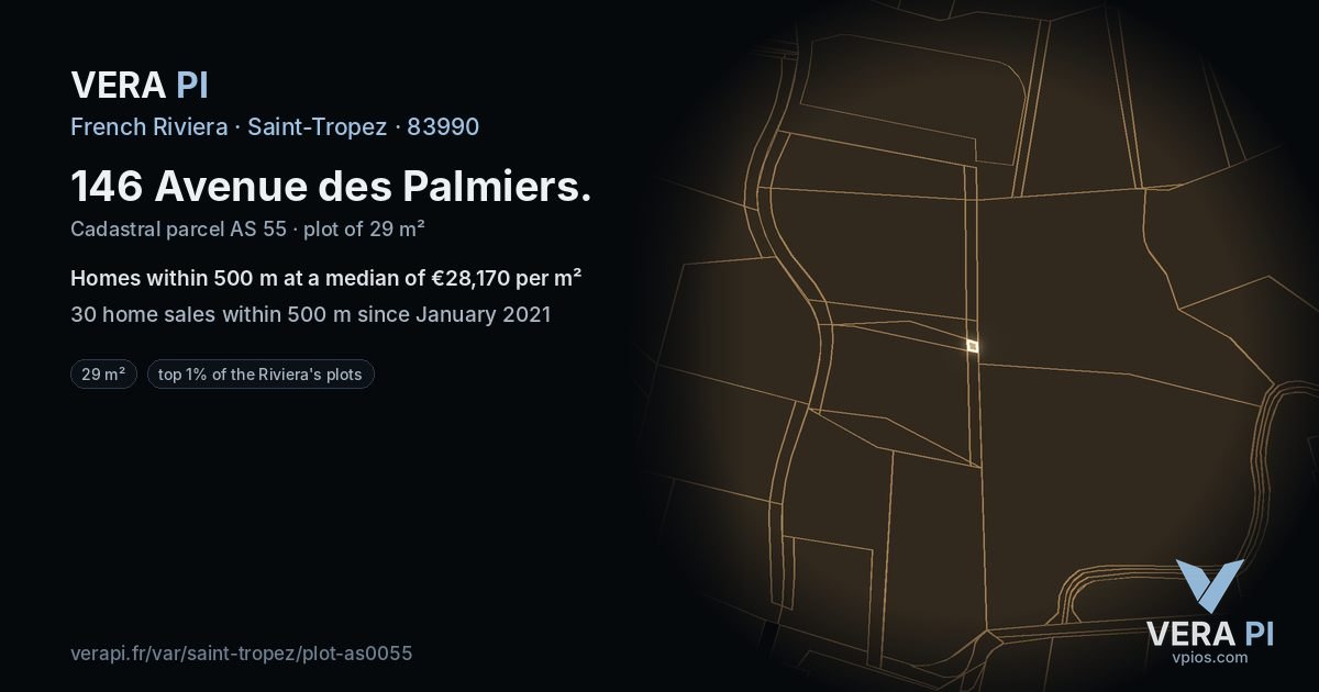 146 Avenue des Palmiers, Saint-Tropez at night – the plot lit, the parcels around coloured by the prices near them