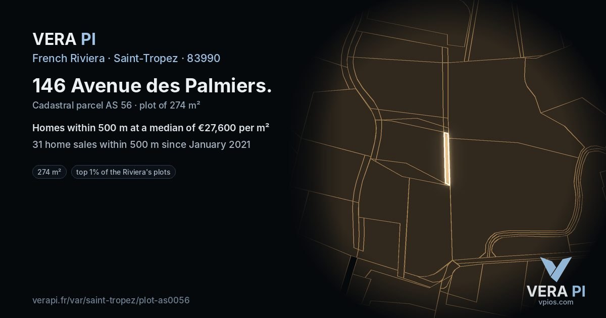 146 Avenue des Palmiers, Saint-Tropez at night – the plot lit, the parcels around coloured by the prices near them