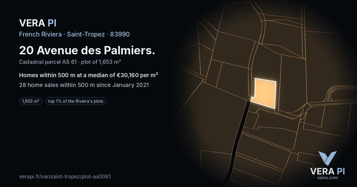 20 Avenue des Palmiers, Saint-Tropez at night – the plot lit, the parcels around coloured by the prices near them