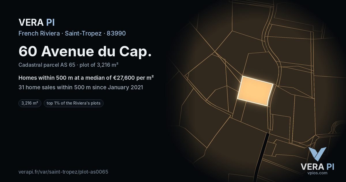 60 Avenue du Cap, Saint-Tropez at night – the plot lit, the parcels around coloured by the prices near them