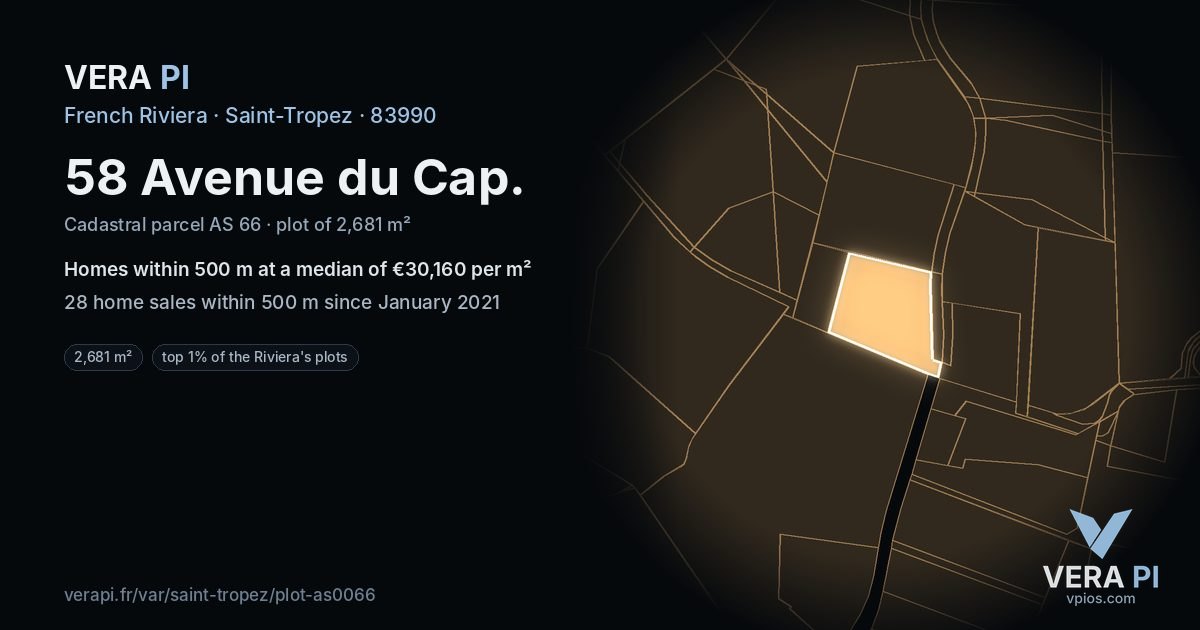 58 Avenue du Cap, Saint-Tropez at night – the plot lit, the parcels around coloured by the prices near them