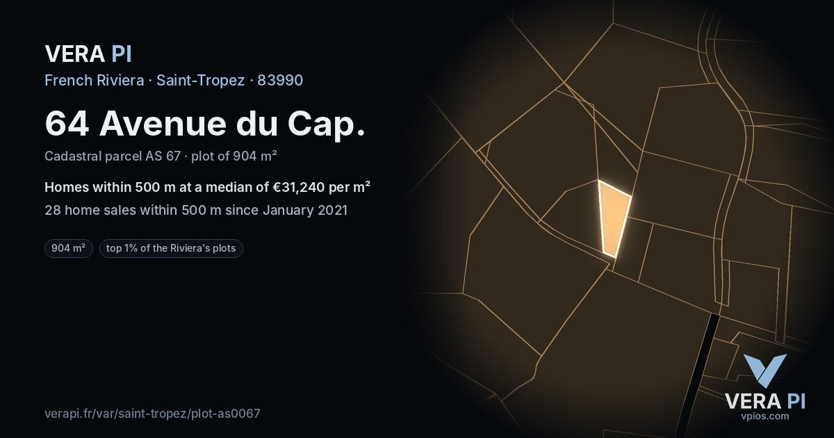 64 Avenue du Cap, Saint-Tropez at night – the plot lit, the parcels around coloured by the prices near them