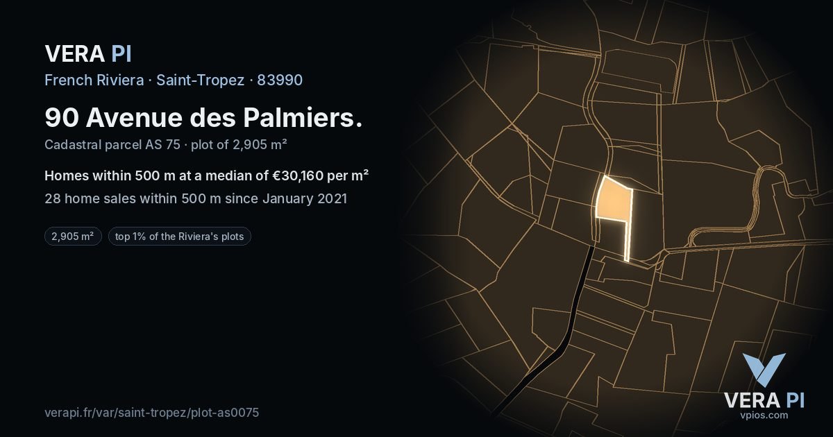 90 Avenue des Palmiers, Saint-Tropez at night – the plot lit, the parcels around coloured by the prices near them
