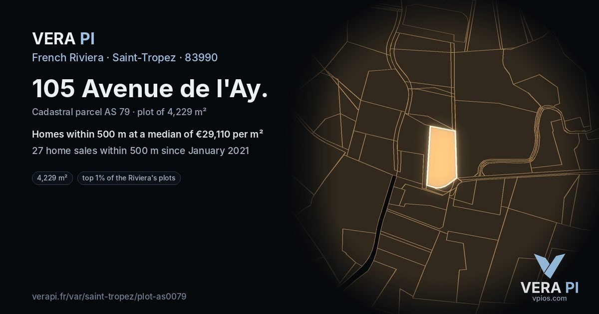 105 Avenue de l'Ay, Saint-Tropez at night – the plot lit, the parcels around coloured by the prices near them