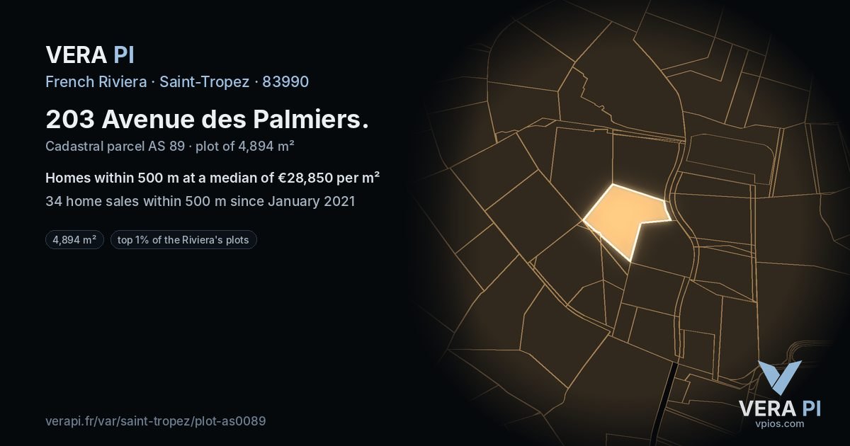 203 Avenue des Palmiers, Saint-Tropez at night – the plot lit, the parcels around coloured by the prices near them