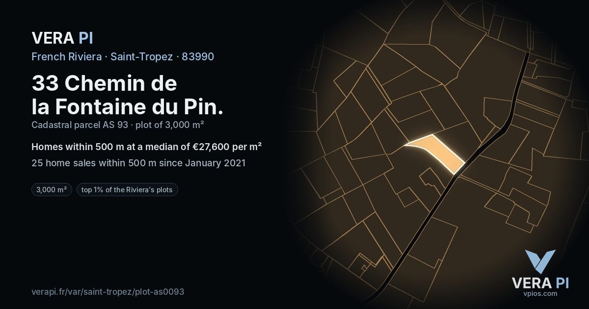 33 Chemin de la Fontaine du Pin, Saint-Tropez at night – the plot lit, the parcels around coloured by the prices near them