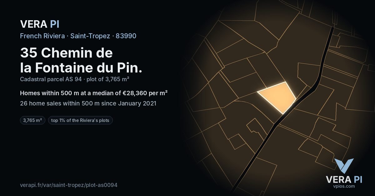 35 Chemin de la Fontaine du Pin, Saint-Tropez at night – the plot lit, the parcels around coloured by the prices near them