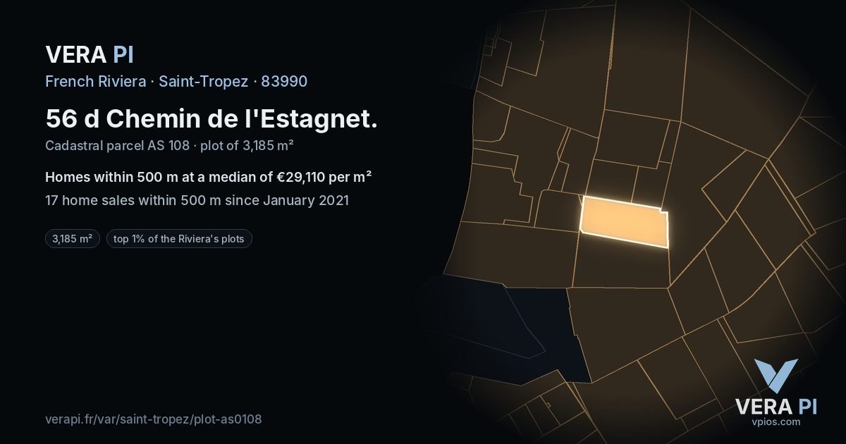 56 d Chemin de l'Estagnet, Saint-Tropez at night – the plot lit, the parcels around coloured by the prices near them