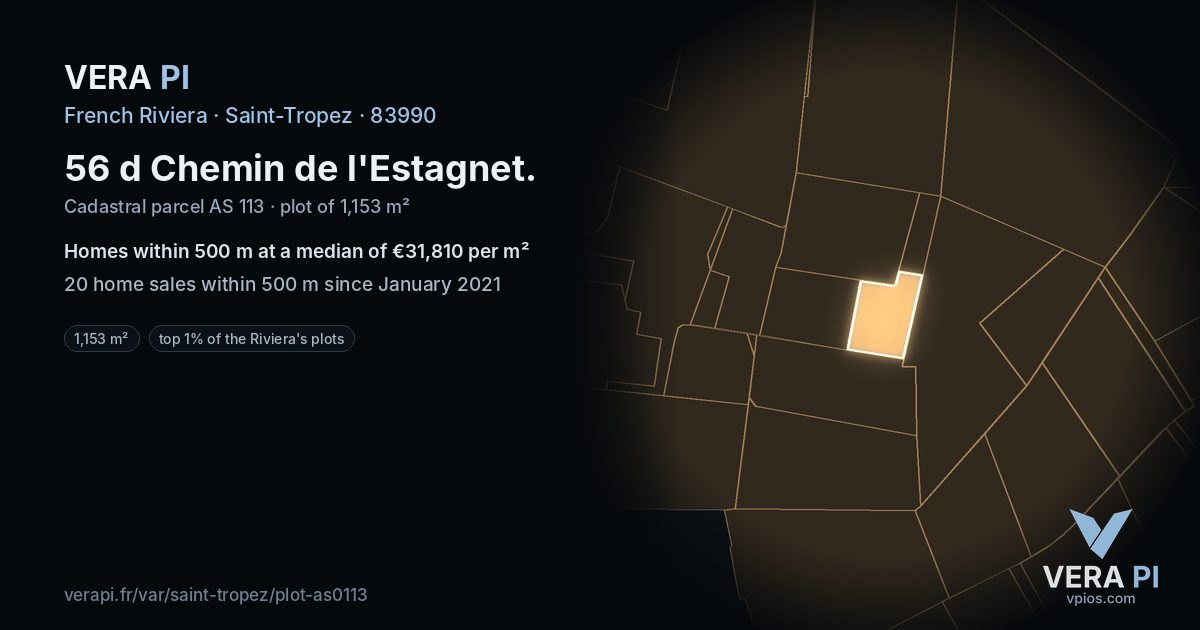 56 d Chemin de l'Estagnet, Saint-Tropez at night – the plot lit, the parcels around coloured by the prices near them
