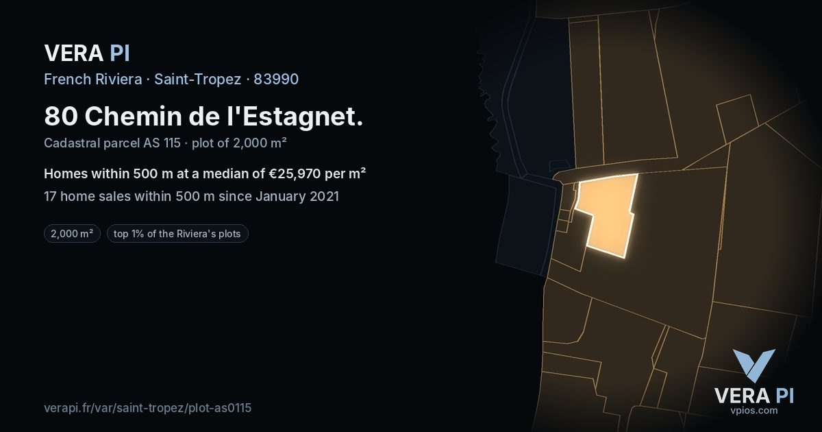 80 Chemin de l'Estagnet, Saint-Tropez at night – the plot lit, the parcels around coloured by the prices near them
