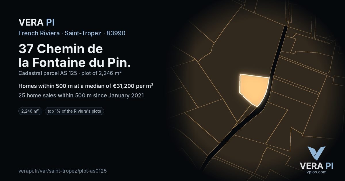 37 Chemin de la Fontaine du Pin, Saint-Tropez at night – the plot lit, the parcels around coloured by the prices near them