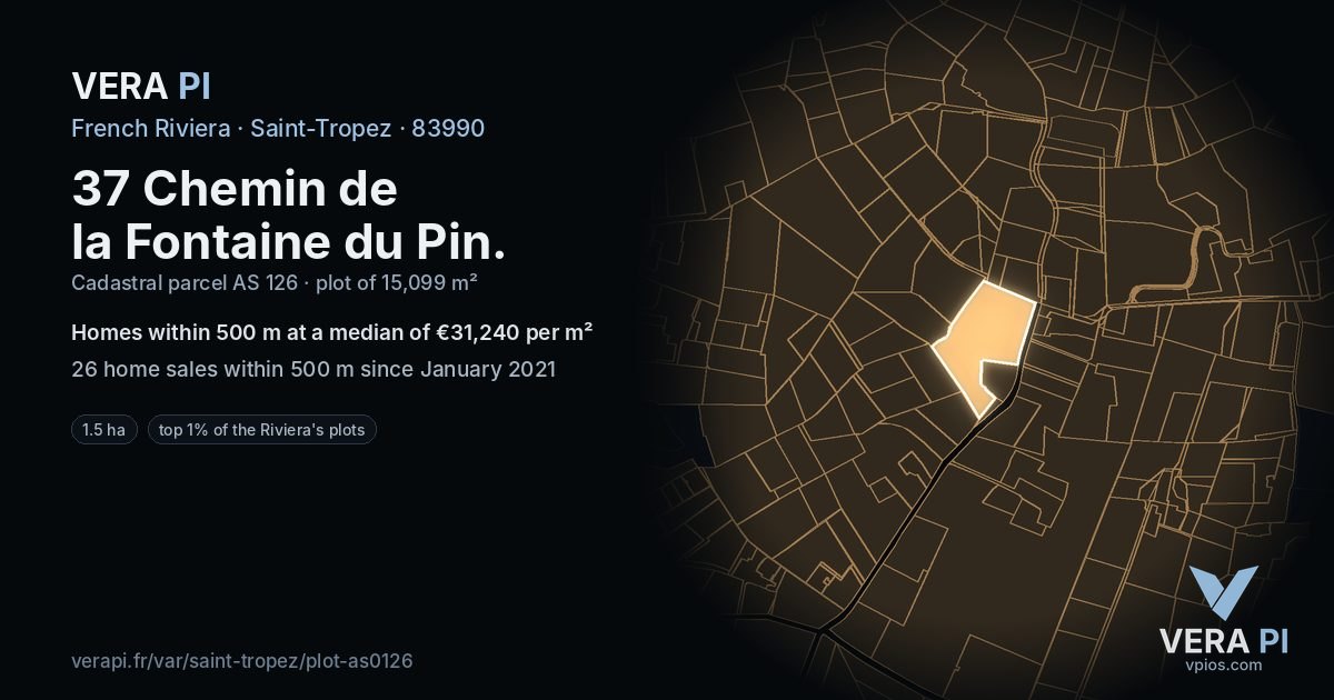 37 Chemin de la Fontaine du Pin, Saint-Tropez at night – the plot lit, the parcels around coloured by the prices near them