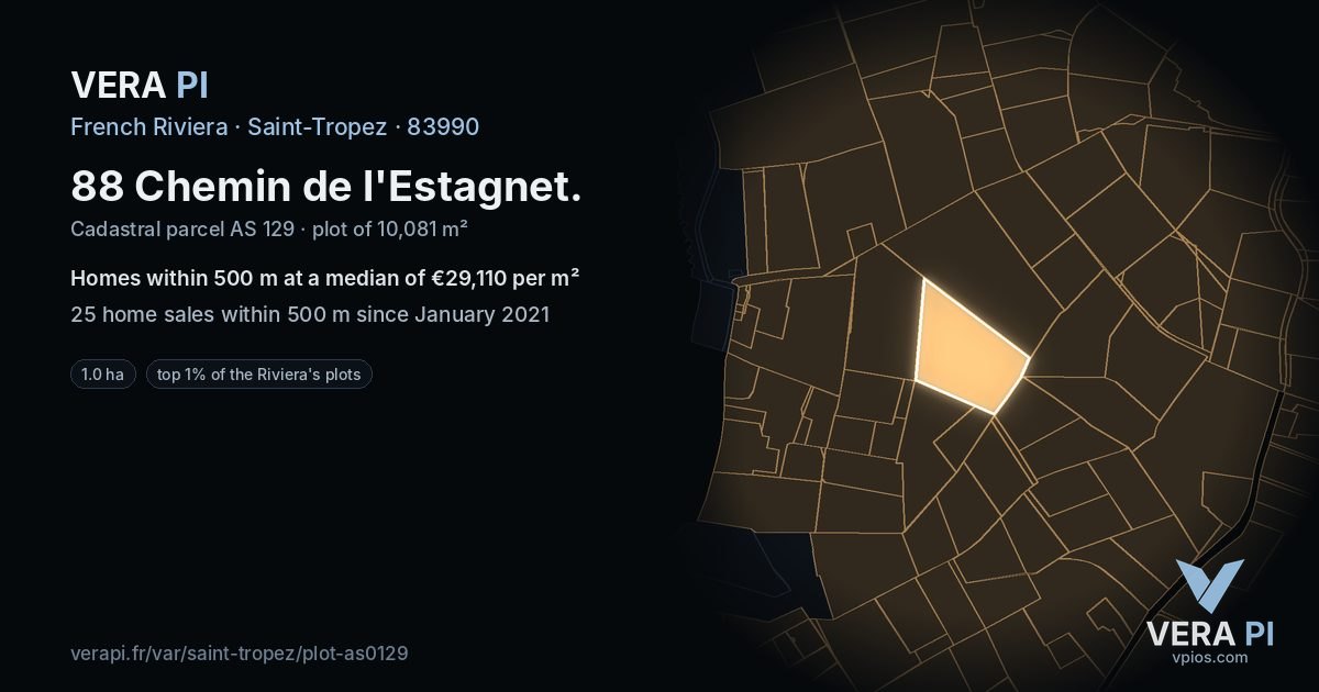 88 Chemin de l'Estagnet, Saint-Tropez at night – the plot lit, the parcels around coloured by the prices near them