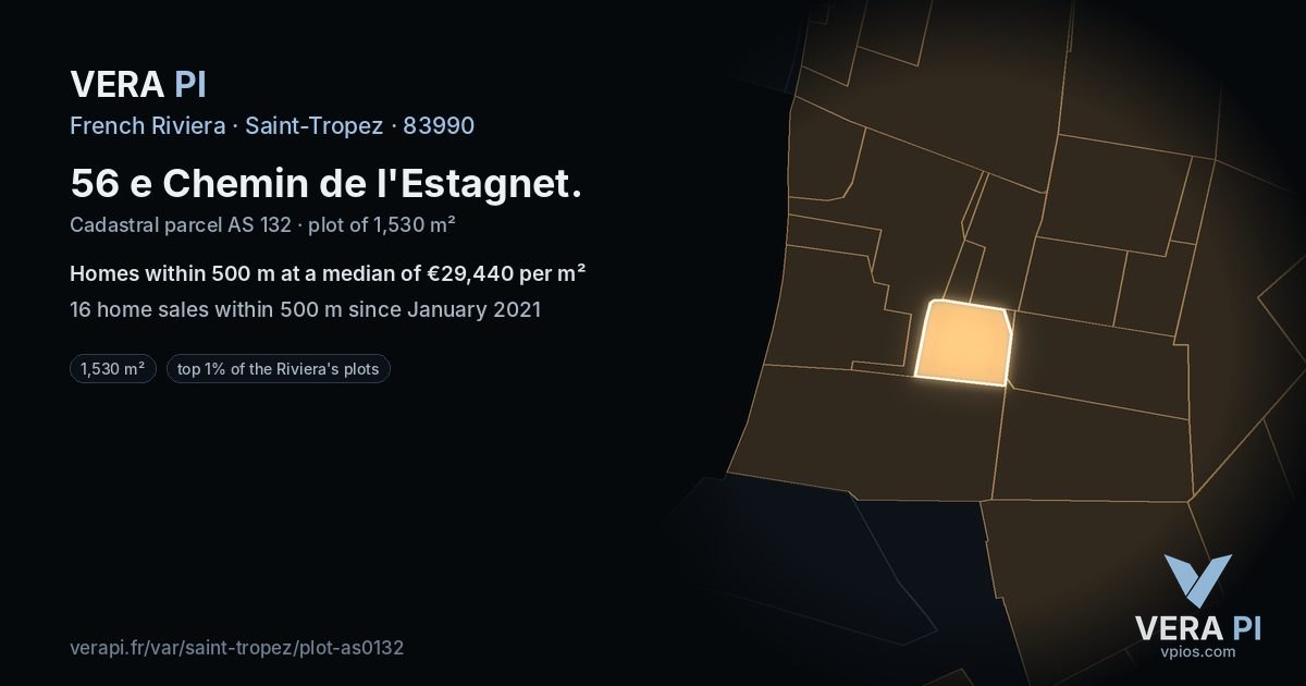 56 e Chemin de l'Estagnet, Saint-Tropez at night – the plot lit, the parcels around coloured by the prices near them