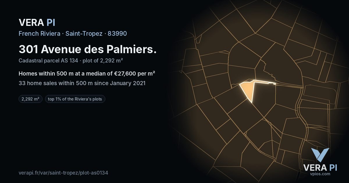 301 Avenue des Palmiers, Saint-Tropez at night – the plot lit, the parcels around coloured by the prices near them