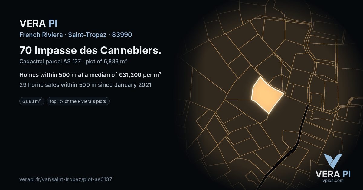 70 Impasse des Cannebiers, Saint-Tropez at night – the plot lit, the parcels around coloured by the prices near them