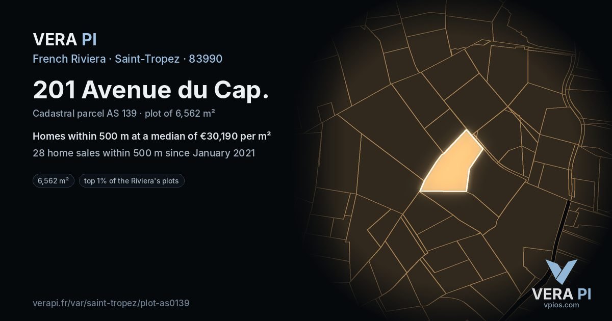 201 Avenue du Cap, Saint-Tropez at night – the plot lit, the parcels around coloured by the prices near them
