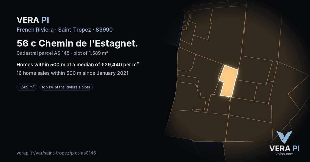 56 c Chemin de l'Estagnet, Saint-Tropez at night – the plot lit, the parcels around coloured by the prices near them