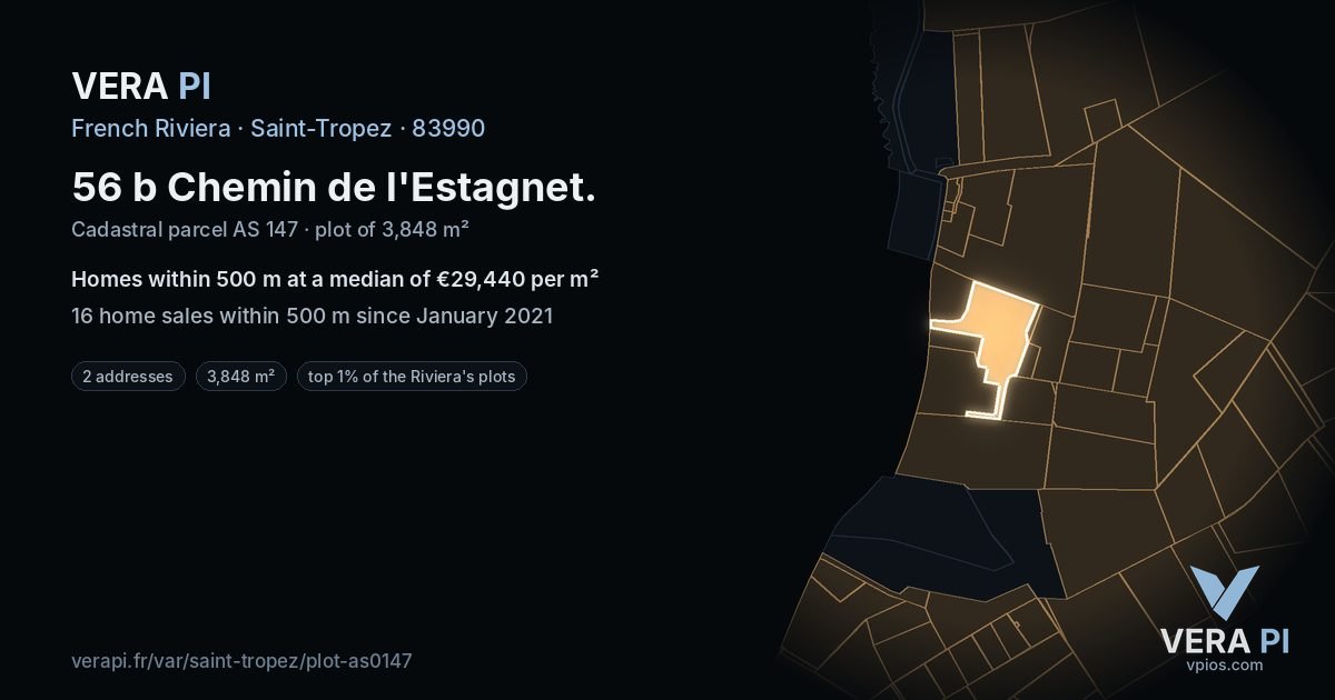 56 b Chemin de l'Estagnet, Saint-Tropez at night – the plot lit, the parcels around coloured by the prices near them