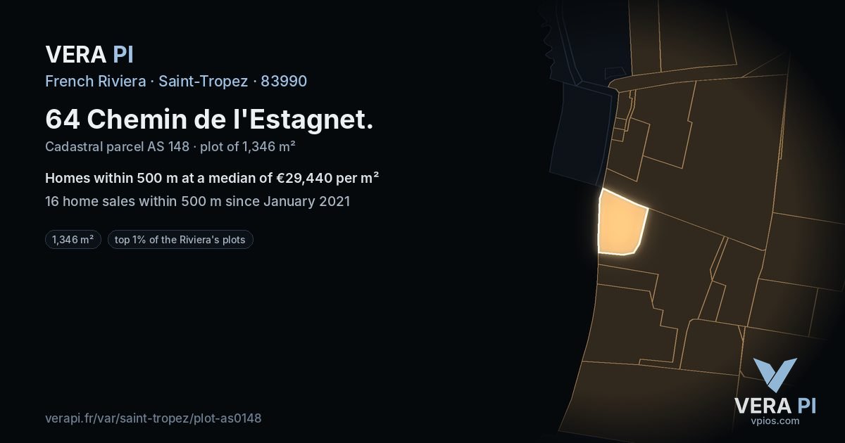 64 Chemin de l'Estagnet, Saint-Tropez at night – the plot lit, the parcels around coloured by the prices near them