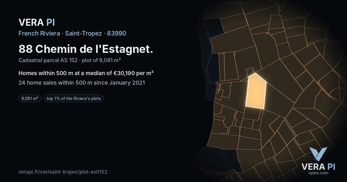 88 Chemin de l'Estagnet, Saint-Tropez at night – the plot lit, the parcels around coloured by the prices near them