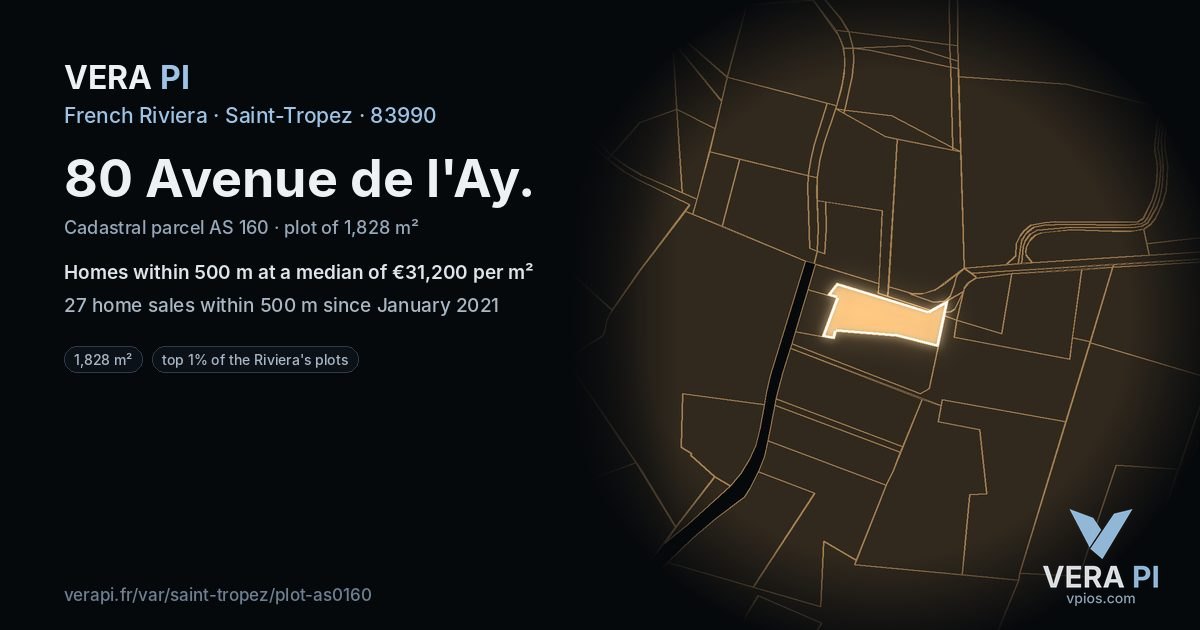 80 Avenue de l'Ay, Saint-Tropez at night – the plot lit, the parcels around coloured by the prices near them
