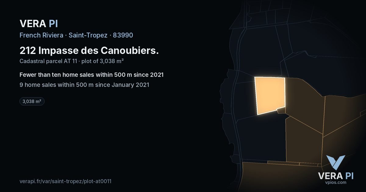 212 Impasse des Canoubiers, Saint-Tropez at night – the plot lit, the parcels around coloured by the prices near them