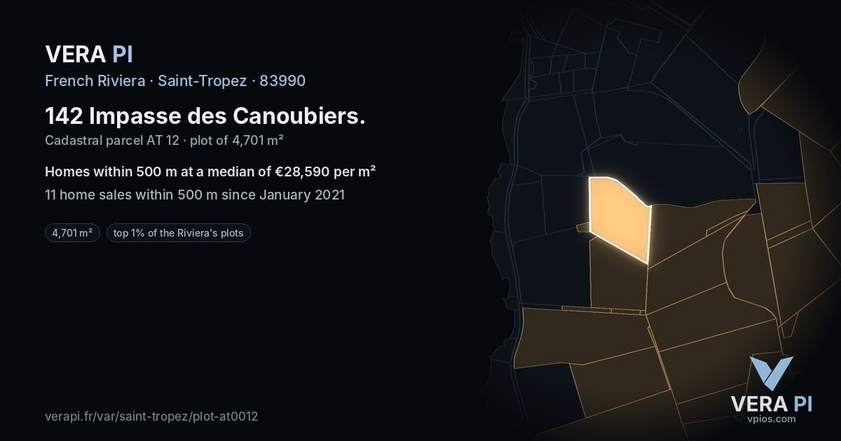 142 Impasse des Canoubiers, Saint-Tropez at night – the plot lit, the parcels around coloured by the prices near them