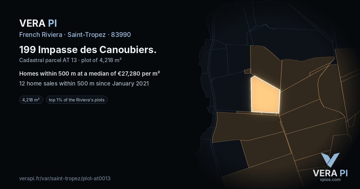 199 Impasse des Canoubiers, Saint-Tropez at night – the plot lit, the parcels around coloured by the prices near them
