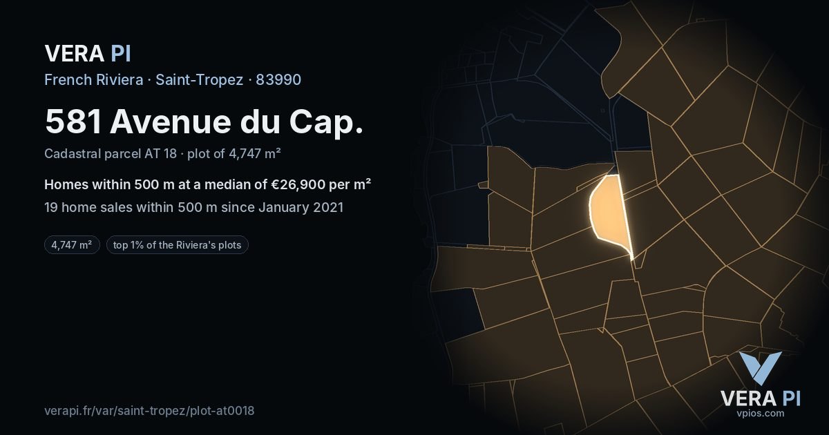 581 Avenue du Cap, Saint-Tropez at night – the plot lit, the parcels around coloured by the prices near them