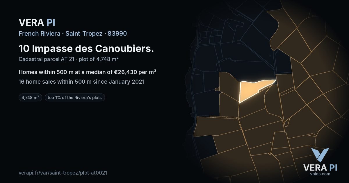 10 Impasse des Canoubiers, Saint-Tropez at night – the plot lit, the parcels around coloured by the prices near them