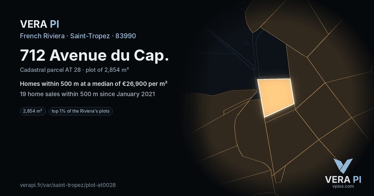 712 Avenue du Cap, Saint-Tropez at night – the plot lit, the parcels around coloured by the prices near them