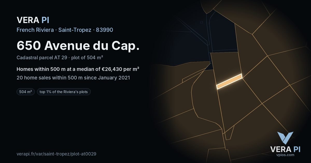 650 Avenue du Cap, Saint-Tropez at night – the plot lit, the parcels around coloured by the prices near them