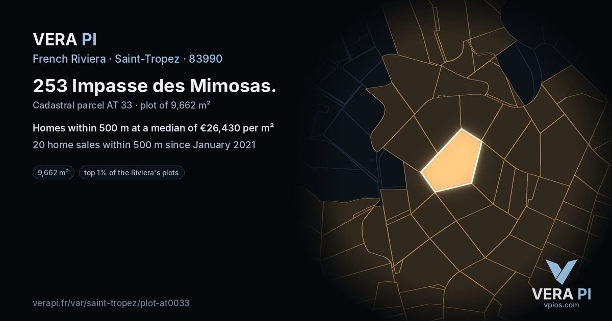 253 Impasse des Mimosas, Saint-Tropez at night – the plot lit, the parcels around coloured by the prices near them