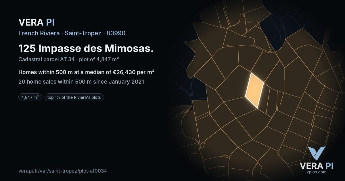 125 Impasse des Mimosas, Saint-Tropez at night – the plot lit, the parcels around coloured by the prices near them