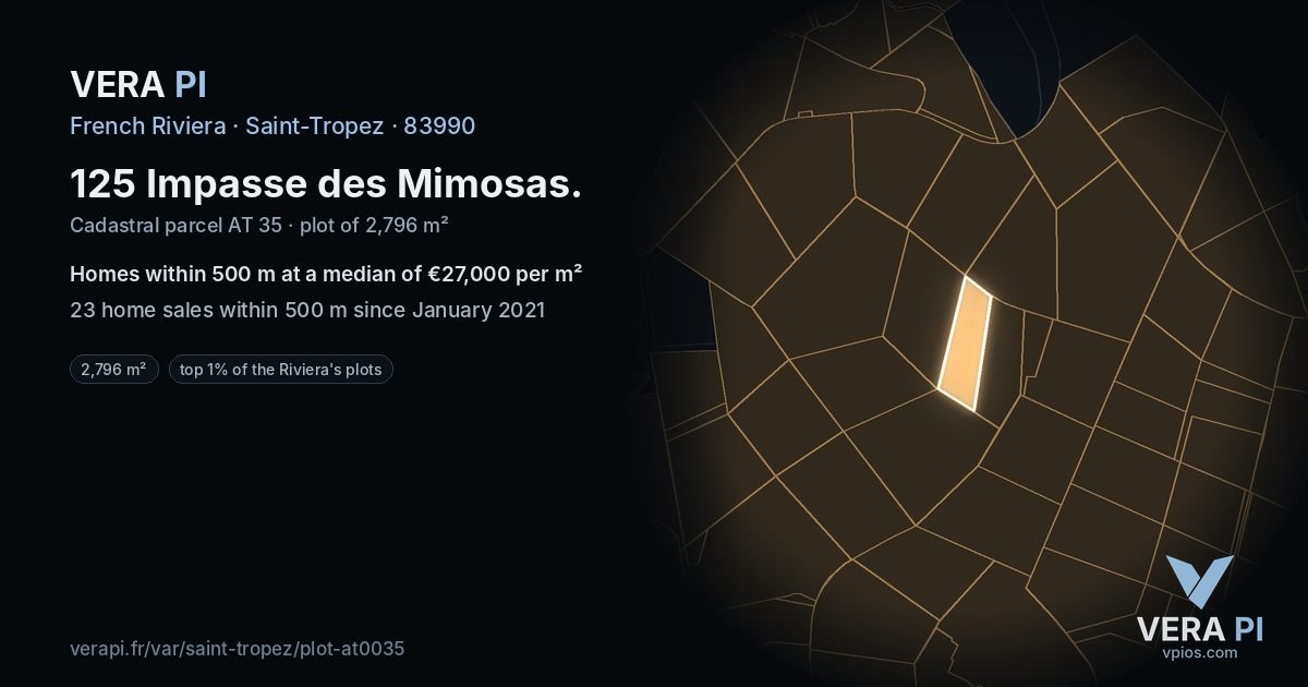 125 Impasse des Mimosas, Saint-Tropez at night – the plot lit, the parcels around coloured by the prices near them