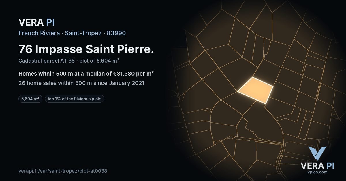 76 Impasse Saint Pierre, Saint-Tropez at night – the plot lit, the parcels around coloured by the prices near them